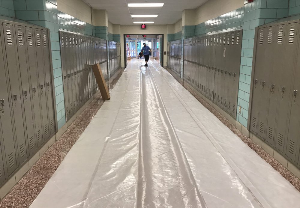 water damage in school hallway
